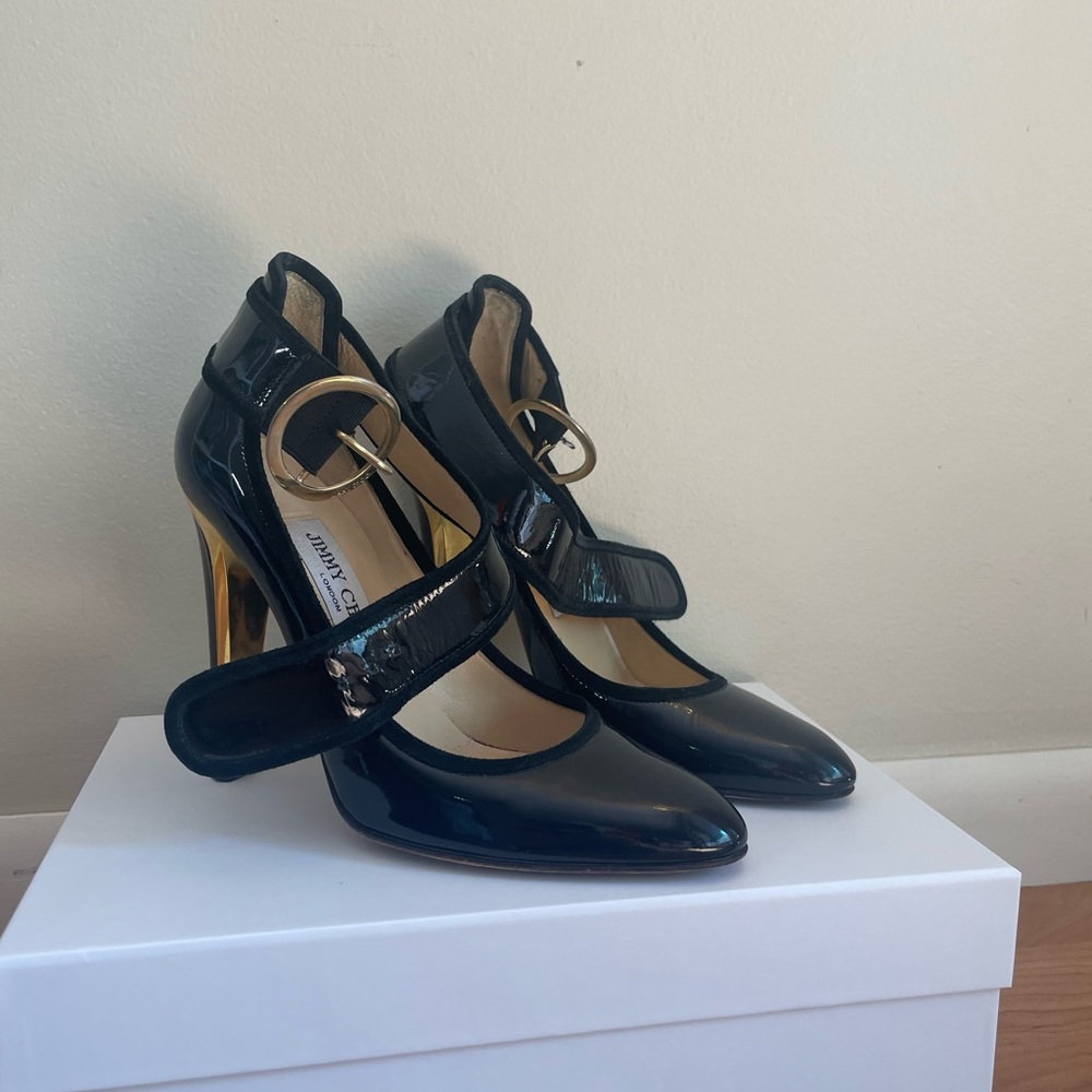 Jimmy Choo black and gold high heels with ankle strap - Picture 10 of 10